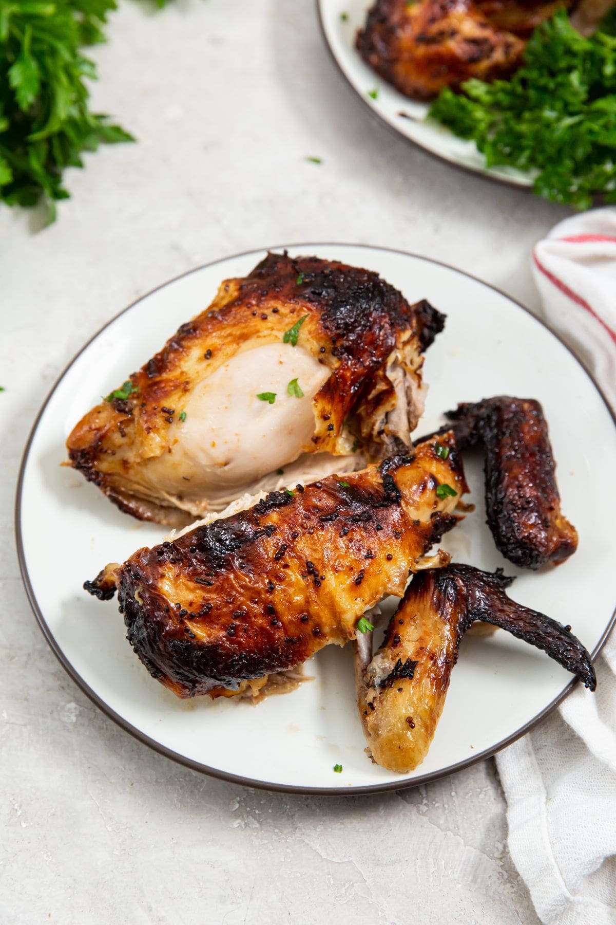 white plates with chicken on it. parsley in the back. white and pink towel next to it.