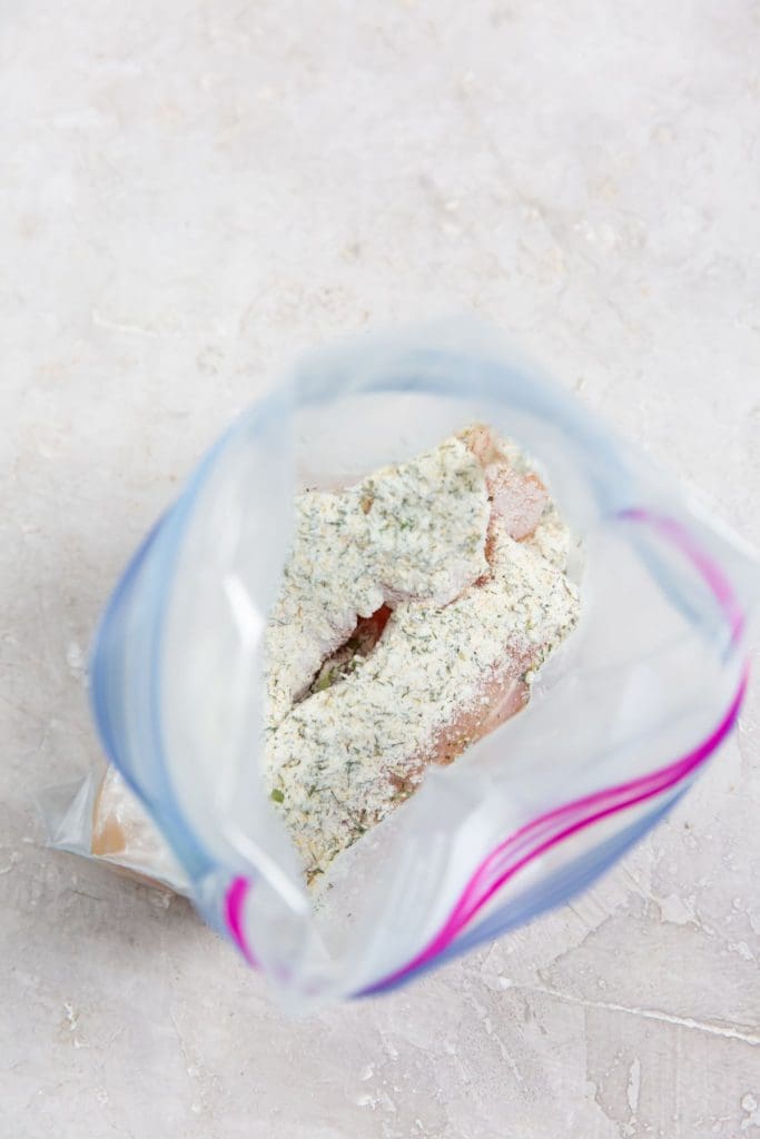 ziplock bag with chicken and ranch inside