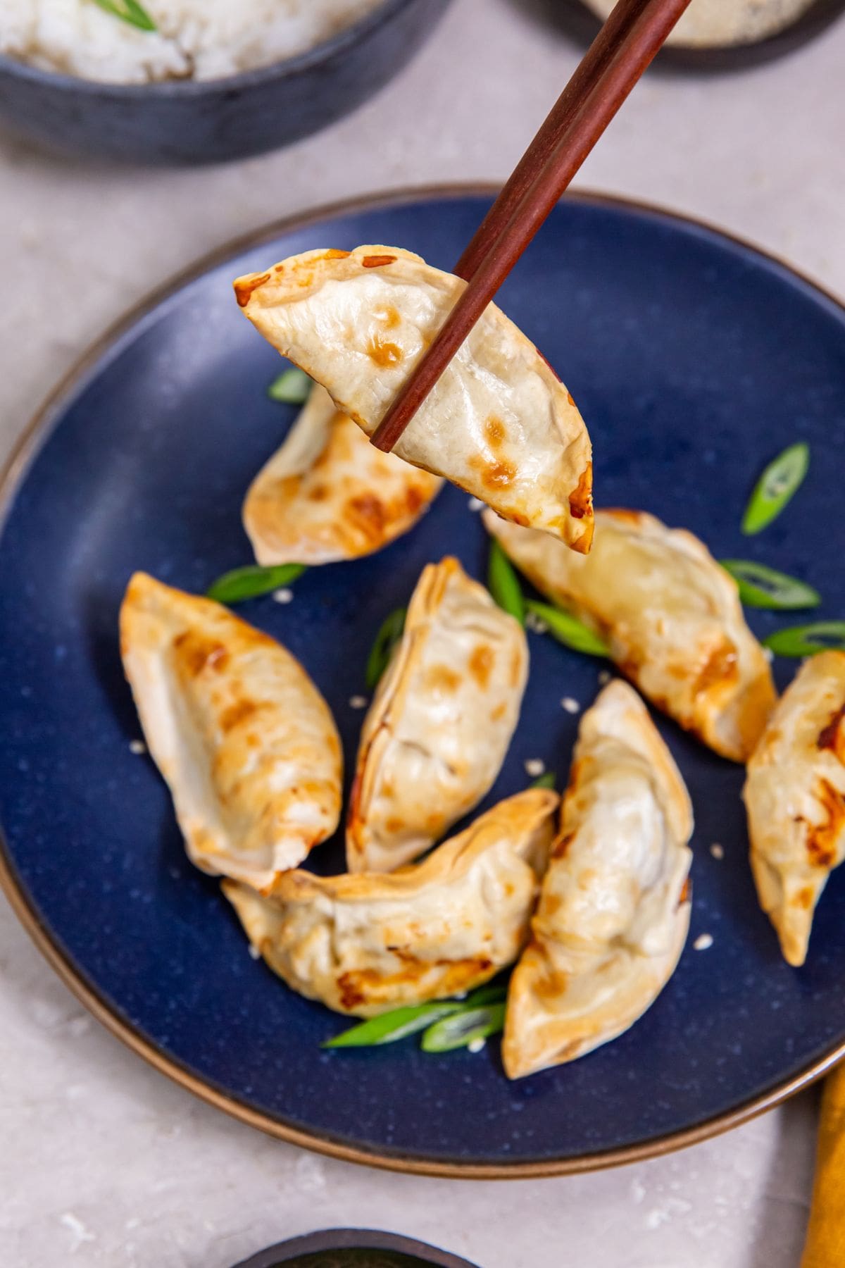 Blue plate with potstickers on it chopstick holding one