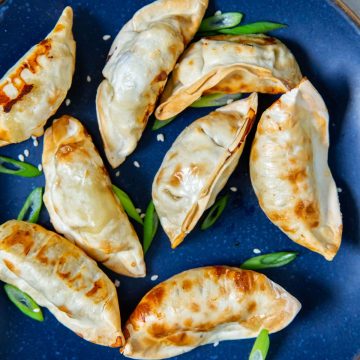 Blue plate with potstickers and scallions on it