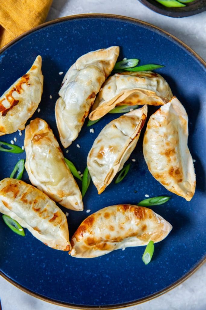 Blue plate with potstickers and scallions on it