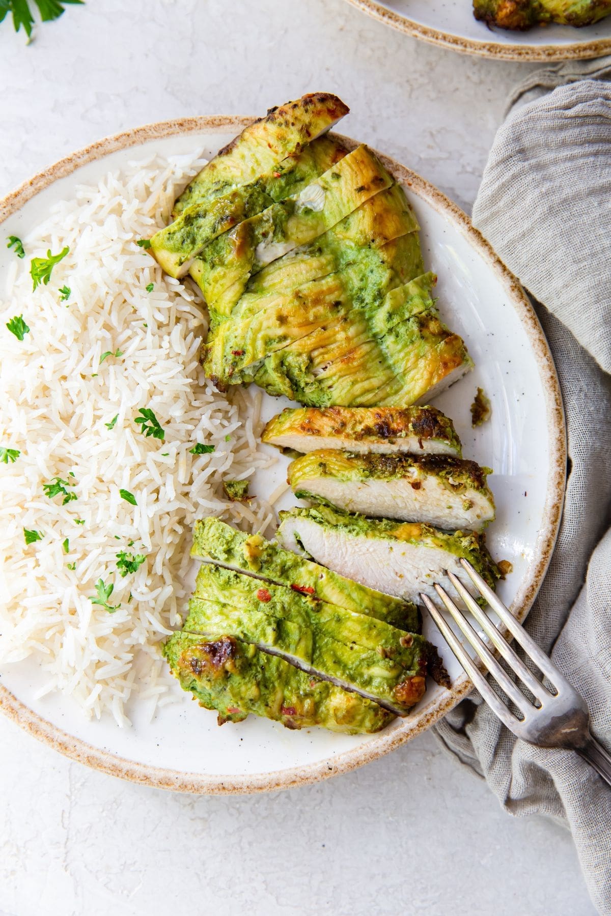 The Best Air Fryer Chicken Breast Recipes a Plate of Air Fryer Pesto Chicken with Rice