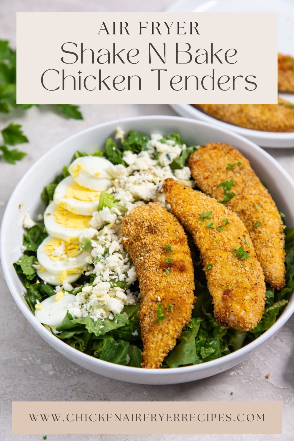 bowl with salad and chicken. chicken in the background