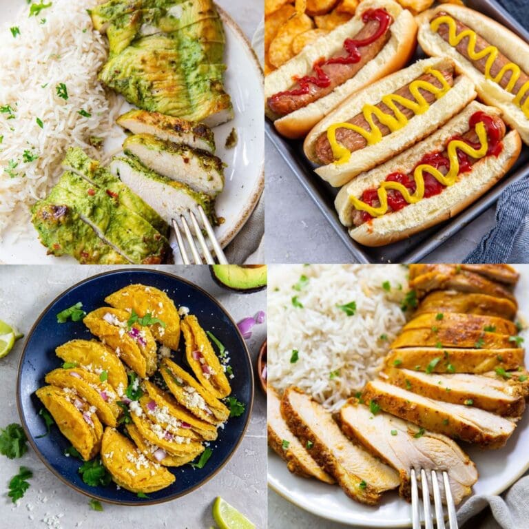 collage with trader joes pesto chicken, trader joes sweet apple chicken sausage, Trader Joe's bbq teriyaki chicken, and Trader Joe's mini chicken tacos