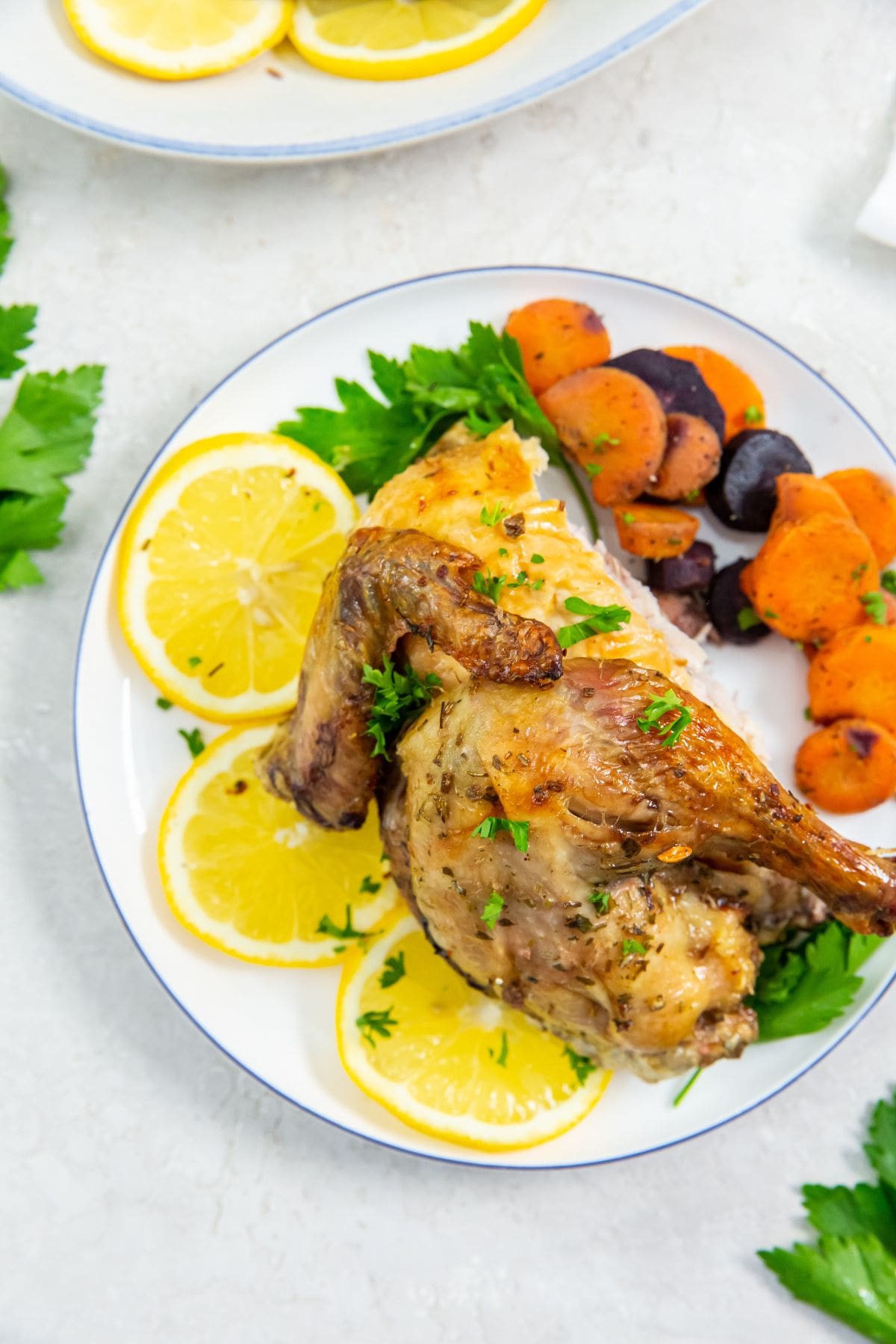 white plate with chicken lemon, parsley and carrots on it.