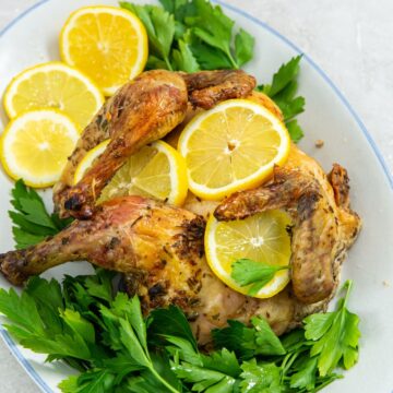 white plate with chicken lemon and parsley on it