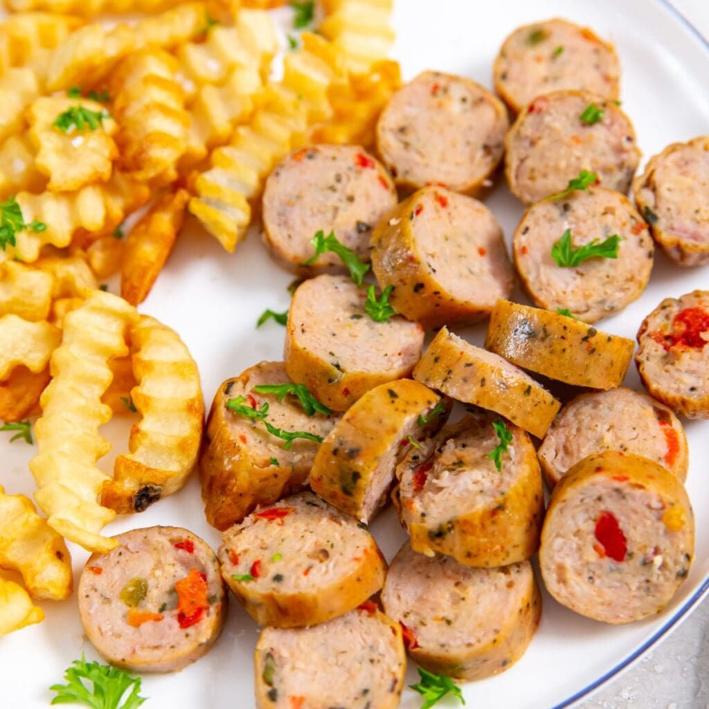 white plate with chicken sausage and fries on the plate. parsley, ketchup and white towel in the background