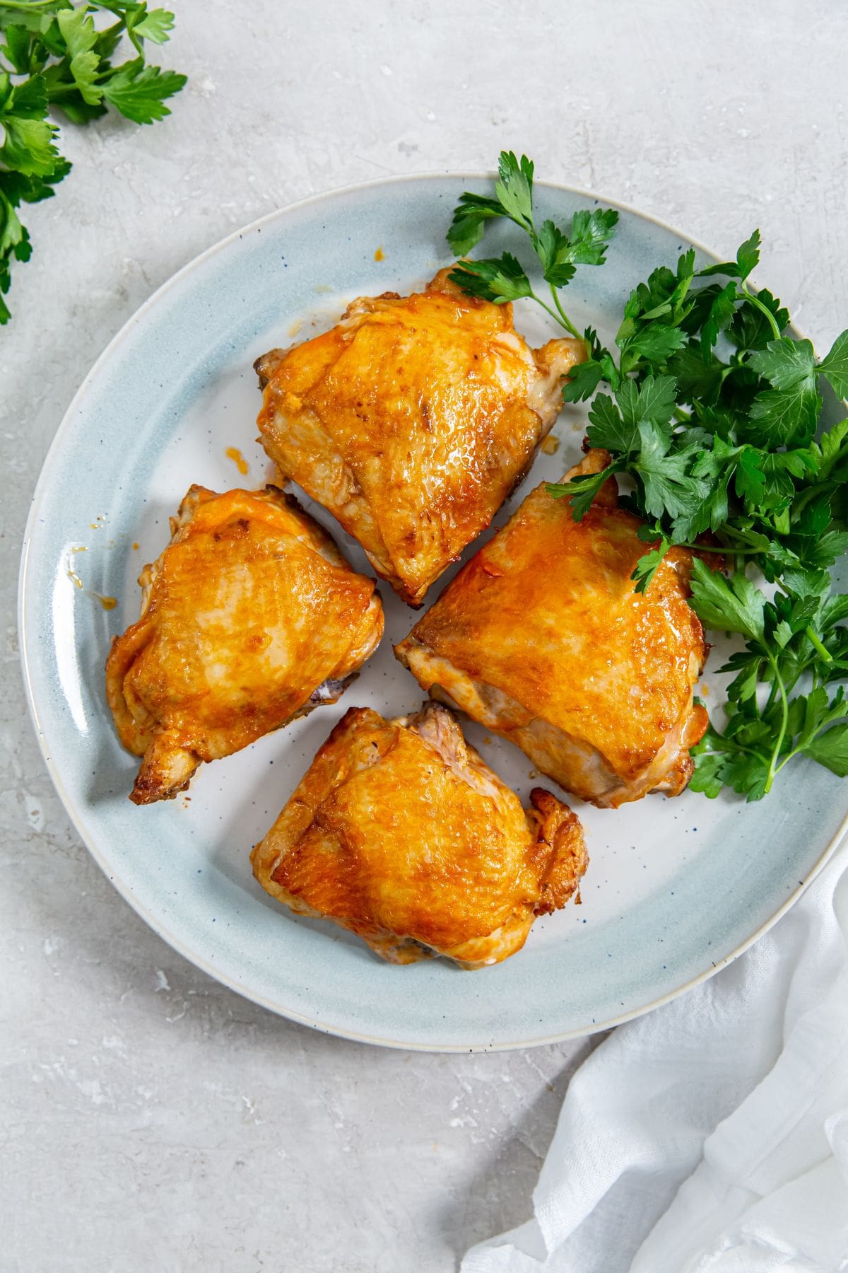 Blue plate with chicken and parsley on it