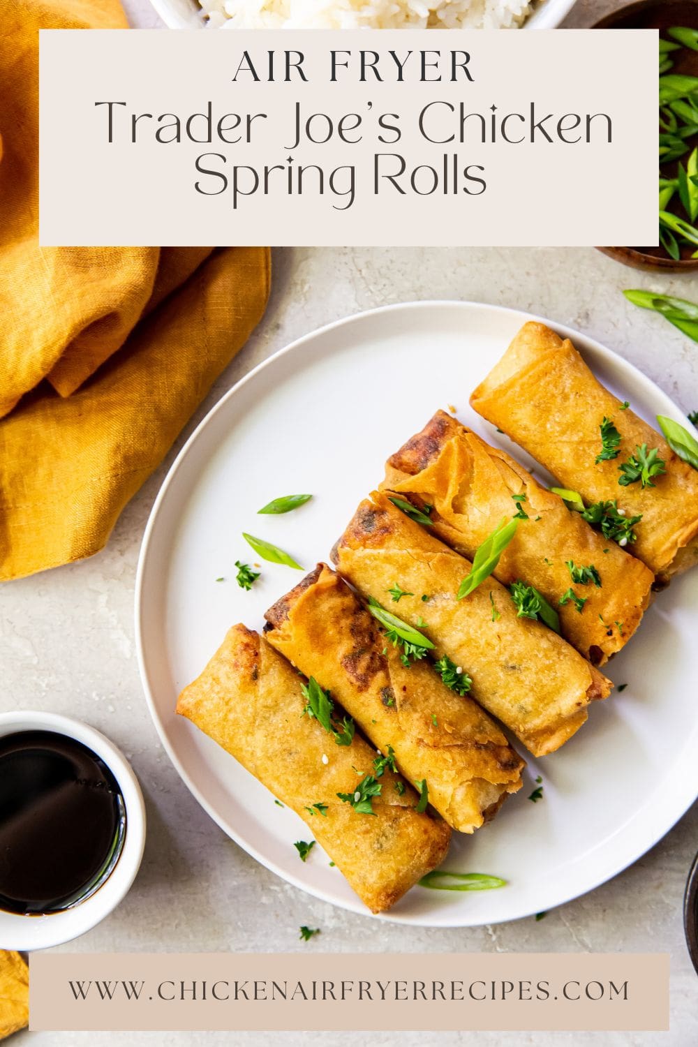 white plate with air fryer Trader Joe's chicken spring rolls on it. orange bowl next to it.