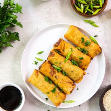 white plate with spring rolls on it. topped with parsley. Scallions, white rice, soy sauce, and sesame seeds.