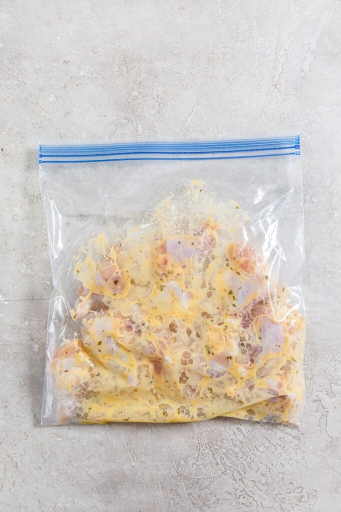 ziplock bag with chicken and sauce inside