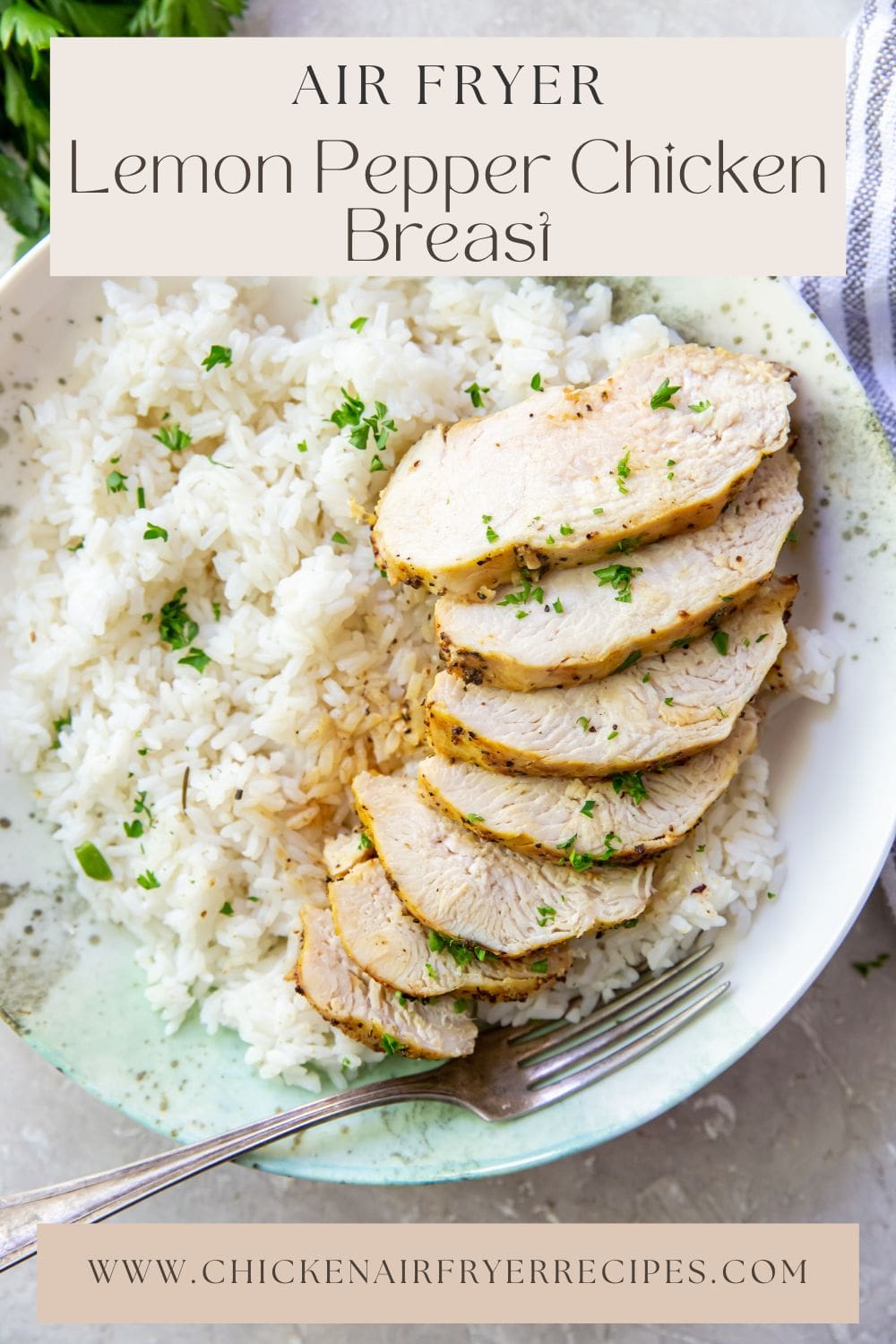 Lemon pepper chicken breasts made in an air fryer.