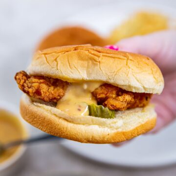 A person holding a sandwich with fries on a plate.