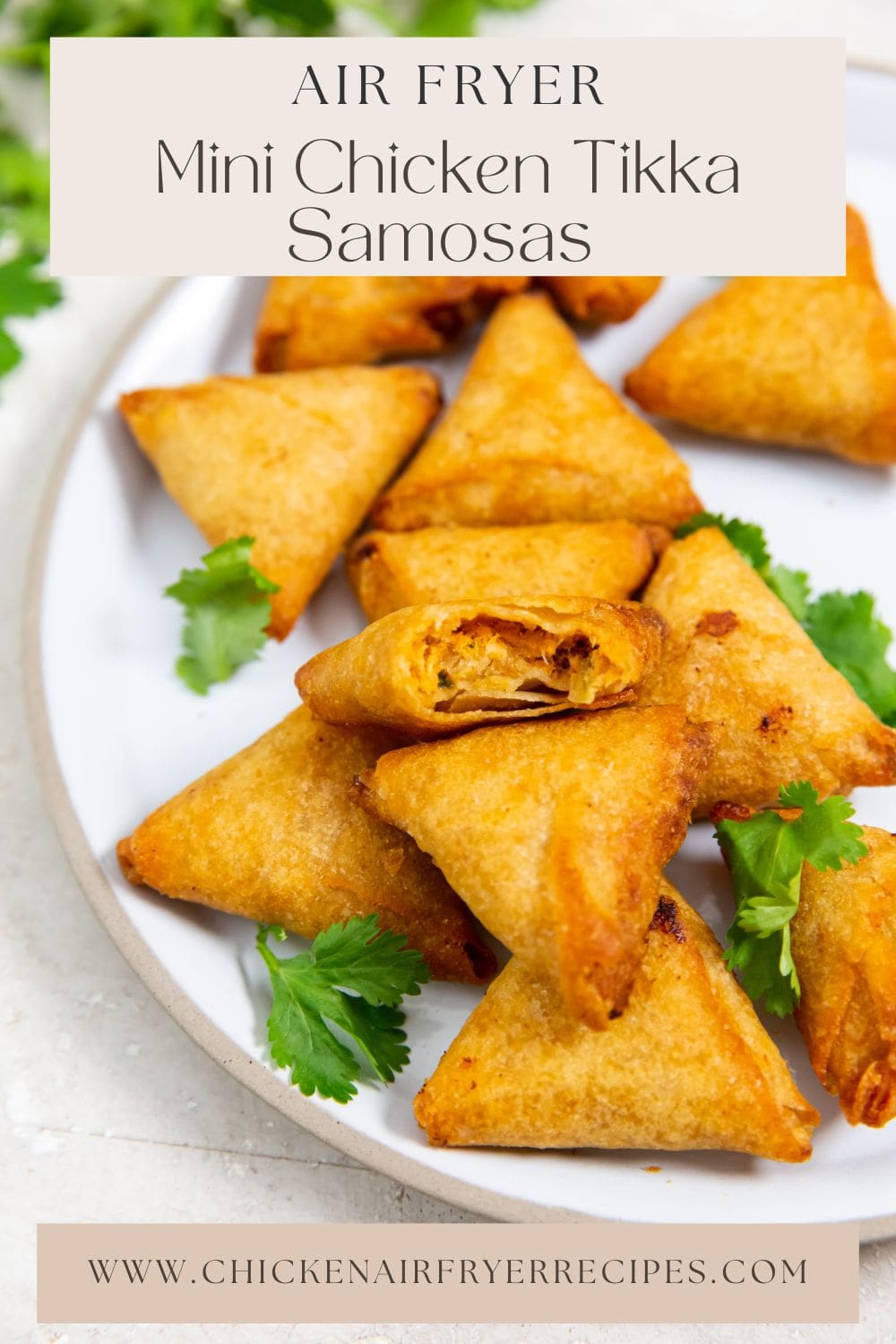 Mini Chicken Tikka Samosas cooked in an air fryer.