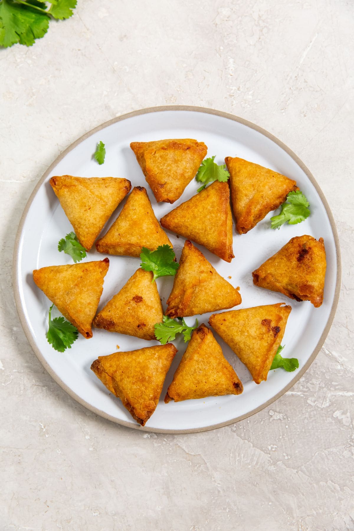 chicken tikka samosas served on a white plate.