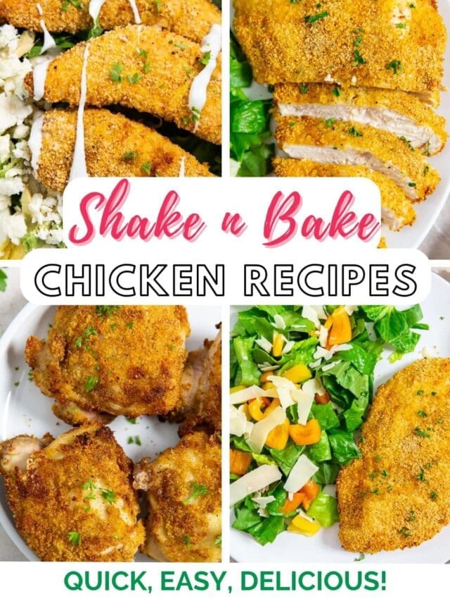 Assorted shake 'n bake chicken recipes with salad, presented as quick, easy, and delicious meal options.