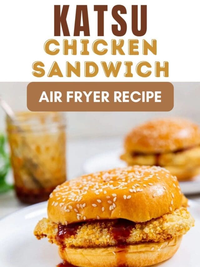 Image displaying a katsu chicken sandwich on a sesame bun, labeled as an air fryer recipe. Another sandwich and a jar of sauce are in the background.