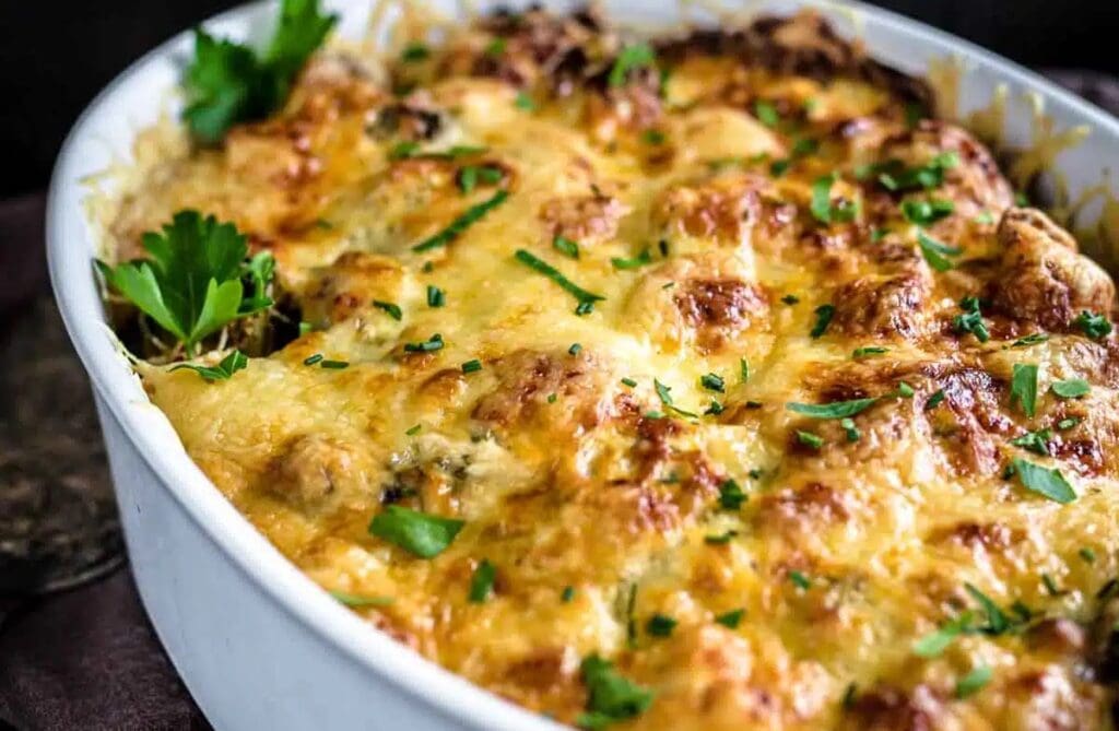 A close-up image of a baked cheesy chicken casserole in a white dish garnished with fresh parsley.