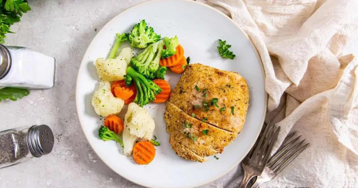 Air-Fried Chicken Dishes Air Fryer Chicken Cutlets on a Plate with Steamed Veggies