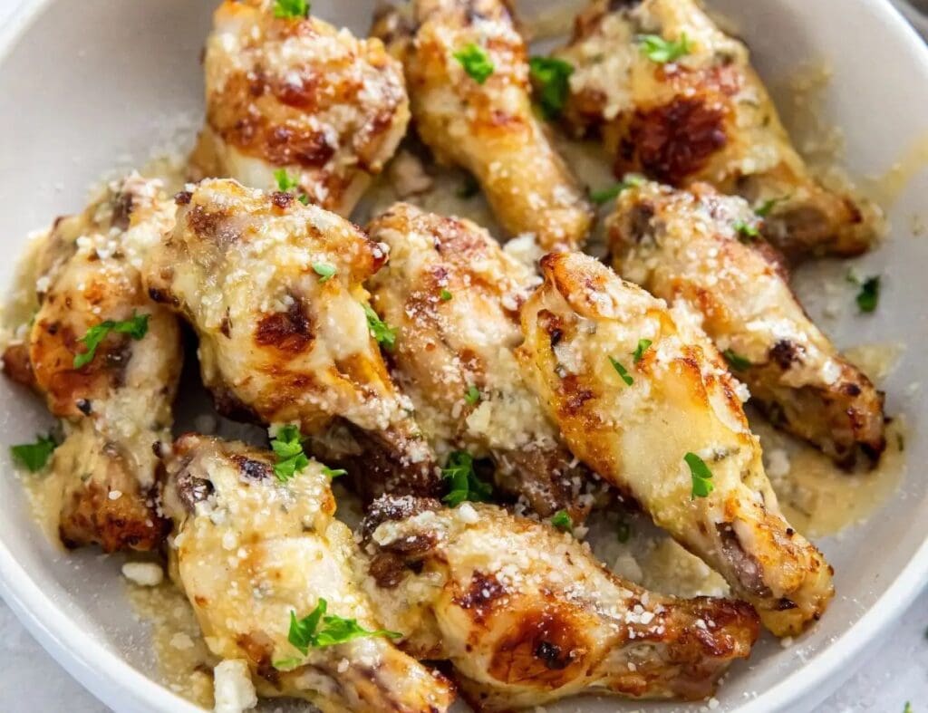 A plate of cooked chicken wings seasoned with grated cheese and garnished with chopped parsley, offering one of the best easy air fryer recipes for your lunchtime delight.