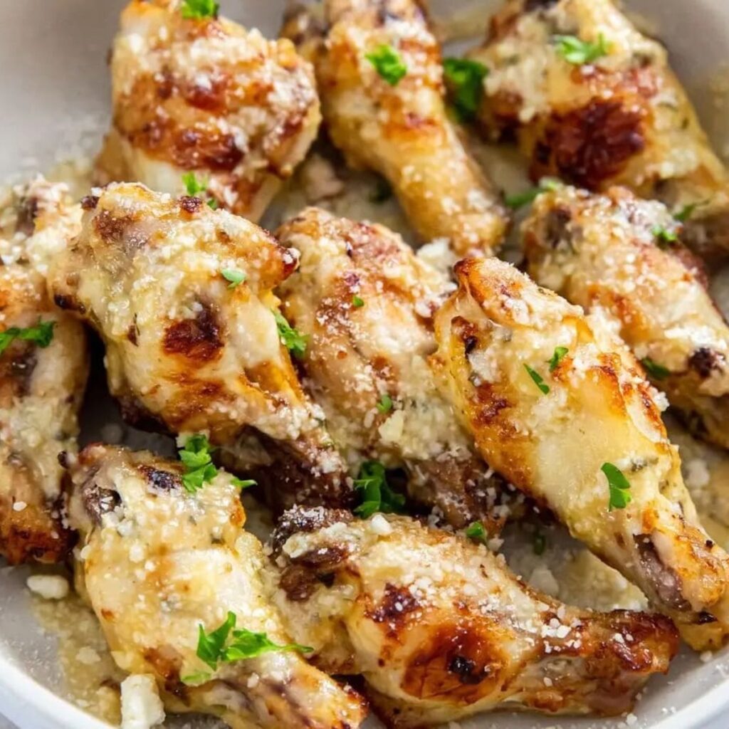 Chicken Air Fryer Lunch Recipes Close Up of Garlic Parmesan Wings in a Bowl