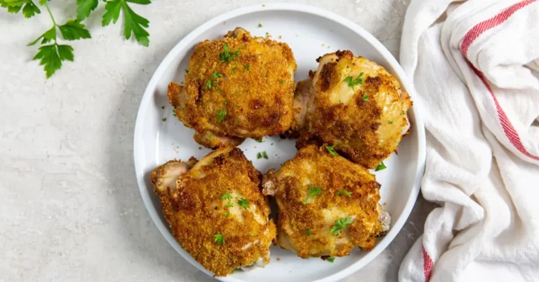 A white plate holding four pieces of baked breaded chicken garnished with parsley, beside a white and red striped cloth and green parsley leaves. Perfect for those seeking tasty chicken recipes or exploring new chicken air fryer recipes.