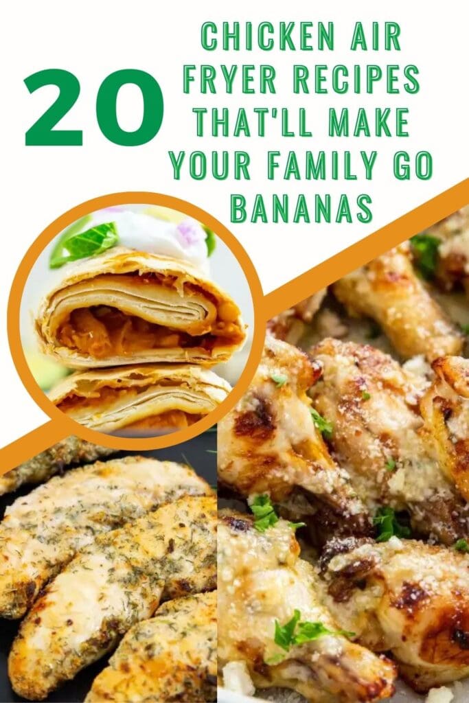 A collage promoting a recipe collection titled "20 Chicken Air Fryer Recipes That'll Make Your Family Go Bananas," featuring mouthwatering images of cooked chicken dishes and a stuffed pastry.