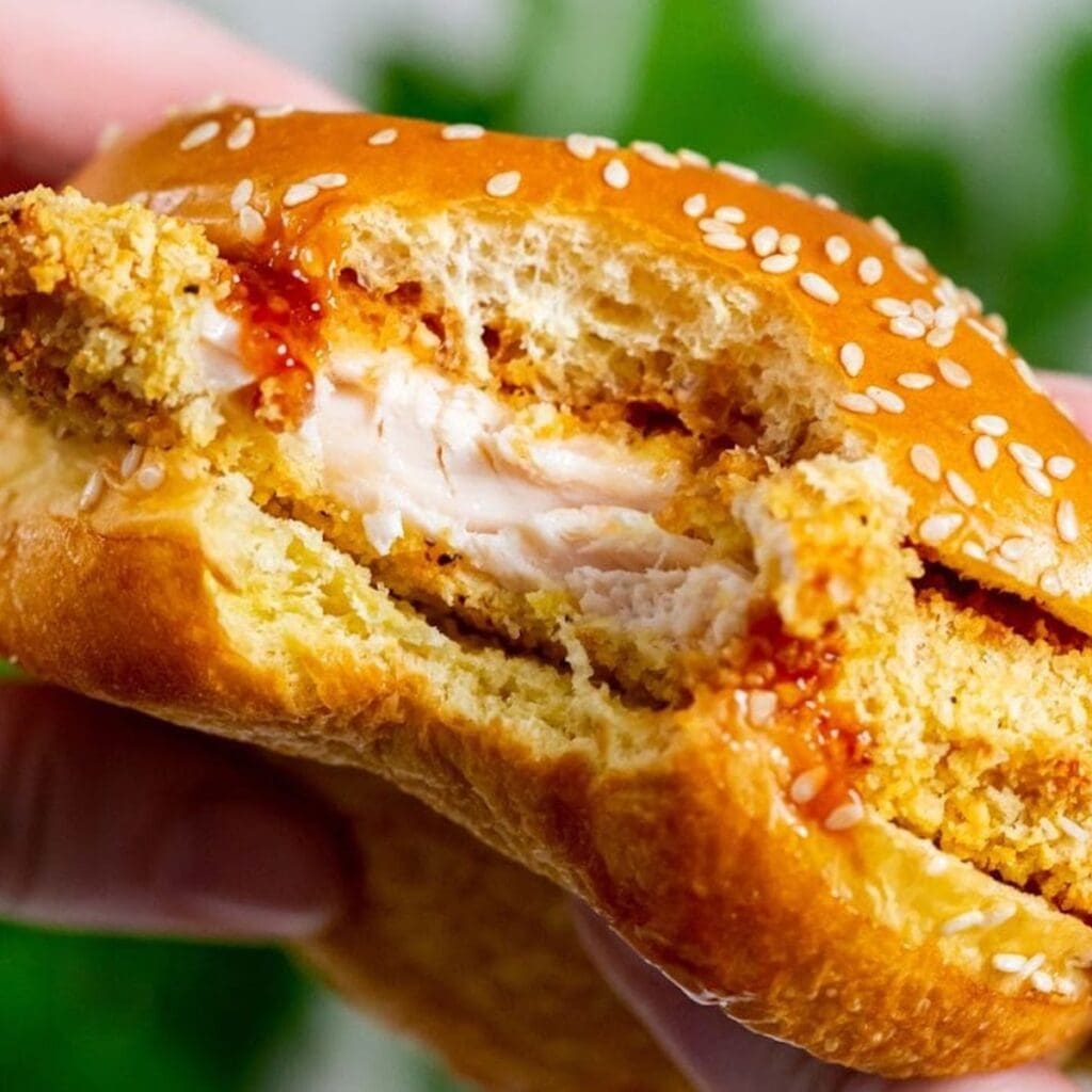 Chicken Air Fryer Recipes That You Need a Persons Hands Holding a Katsu Chicken Sandwich with a Bite Taken Form It