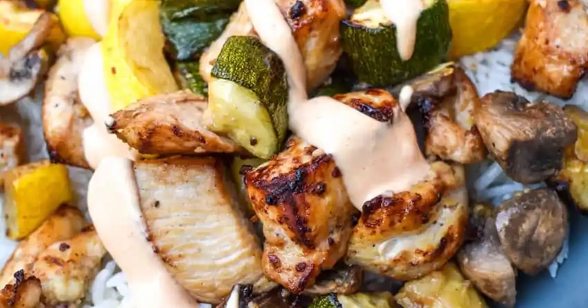 Air Fryer Recipes That’ll Make You Forget Your Stove Close Up of Hibachi Chicken and Veggies