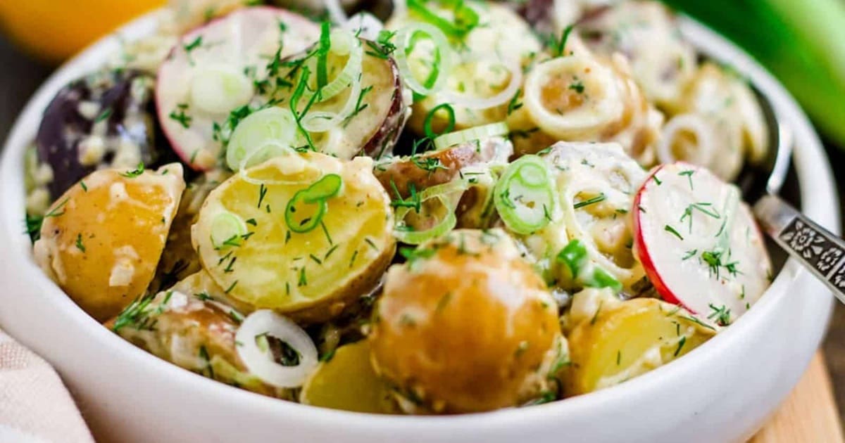 Mouthwatering Sides Close Up of a Bowl of Spring Onion Potato Salad