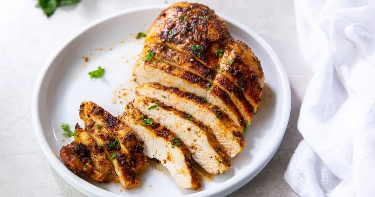 Chicken Air Fryer Dishes a Plate of Sliced Air Fryer Blackened Chicken Breast