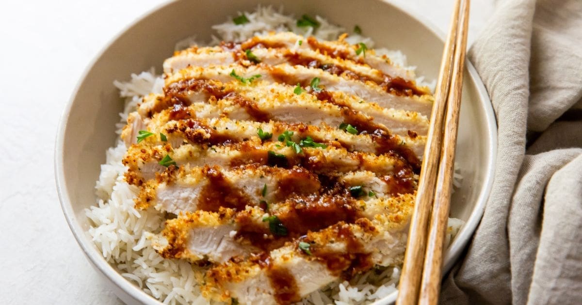 Chicken Air Fryer Recipes That'll Save You 30 Minutes a Bowl of Rice Topped with Air Fryer Chicken Katsu