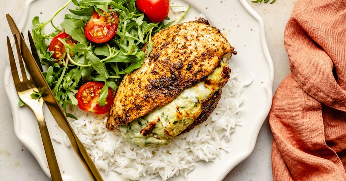 Air Fryer Dinners a Plate of Rice with Air Fryer Stuffed Chicken Breasts