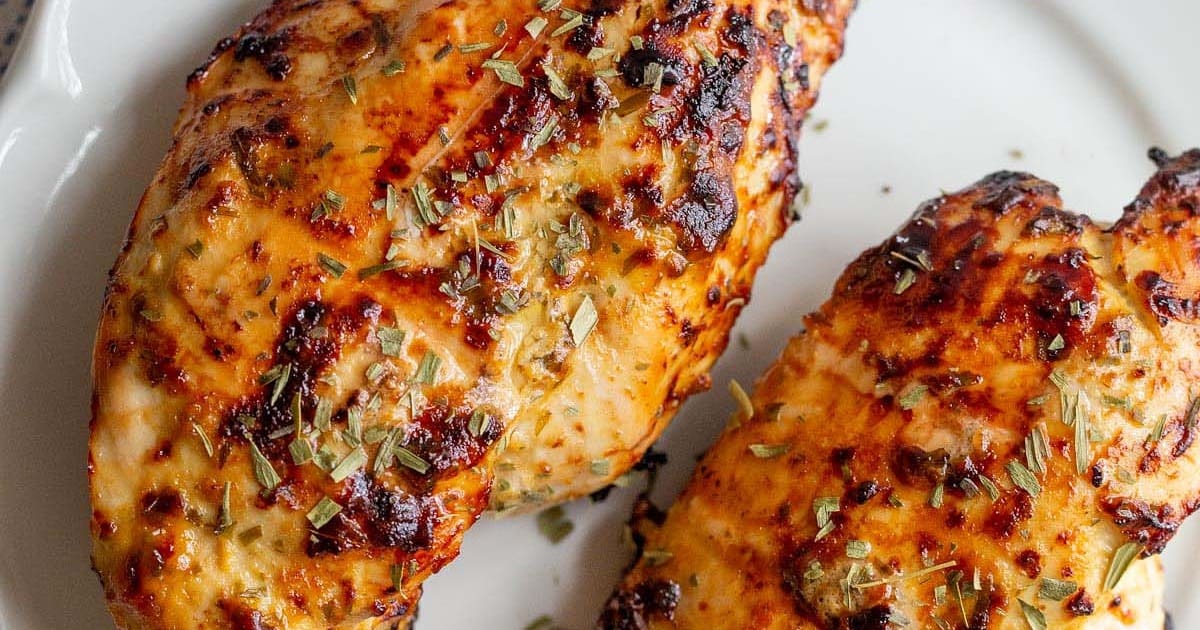 Air Fryer Dinners Close Up of Air Fryer Honey Dijon Chicken Breasts on a Plate