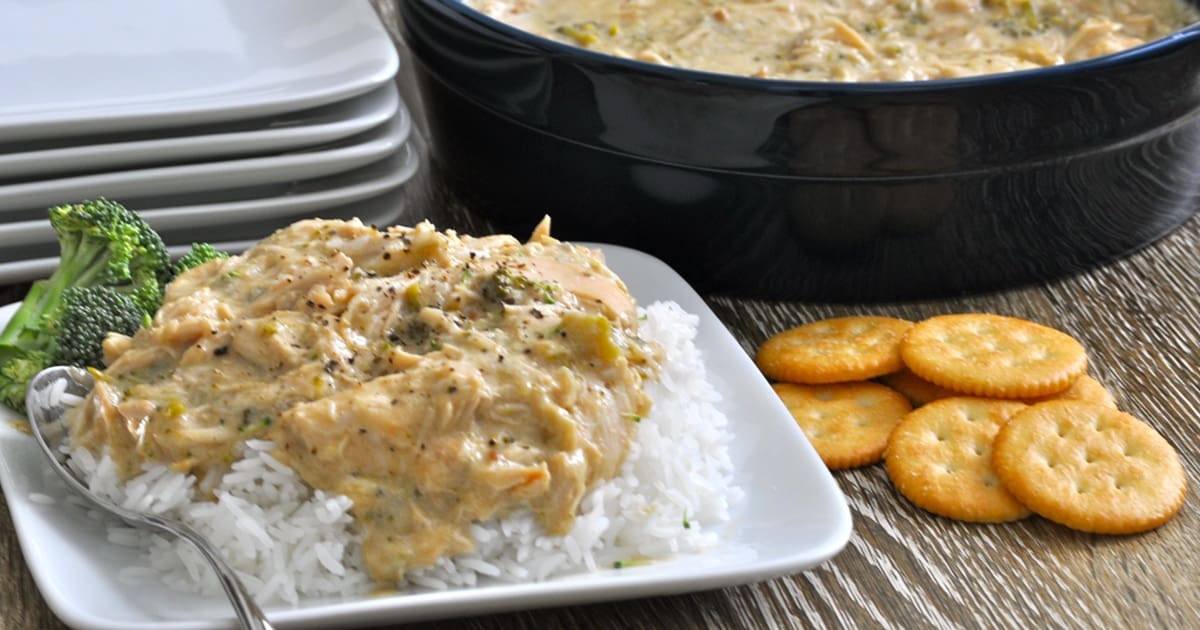 Midweek Meal Plan a Plate of Rice Topped with Shredded Chicken and Crackers Next to a Crockpot Insert Filled with Shredded Chicken and Crackers