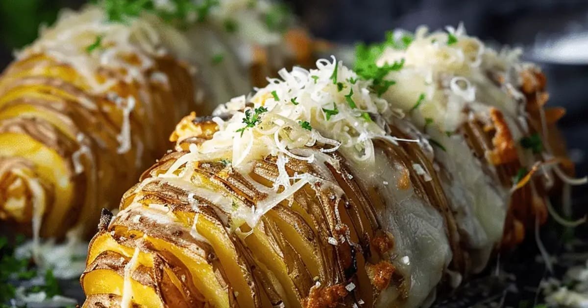 Mouthwatering Sides Close Up of Two Garlic Parmesan Hasselback Potatoes