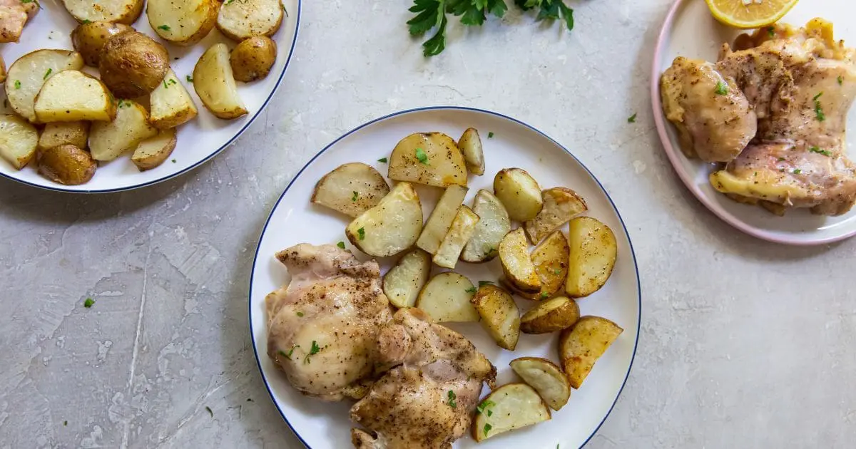 Quick Chicken Air Fryer Recipes Three Plates of Air Fryer Chicken Thighs and Potatoes