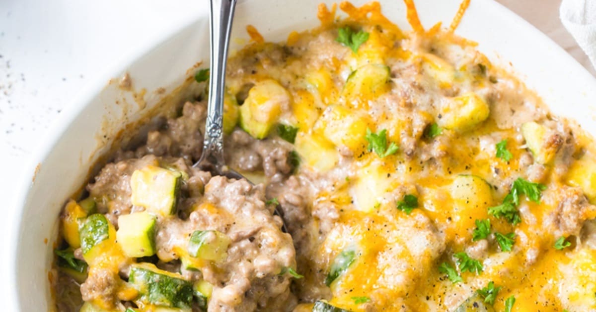 Recipes We Make Close Up of Keto Zucchini Casserole with Ground Beef with a Spoon