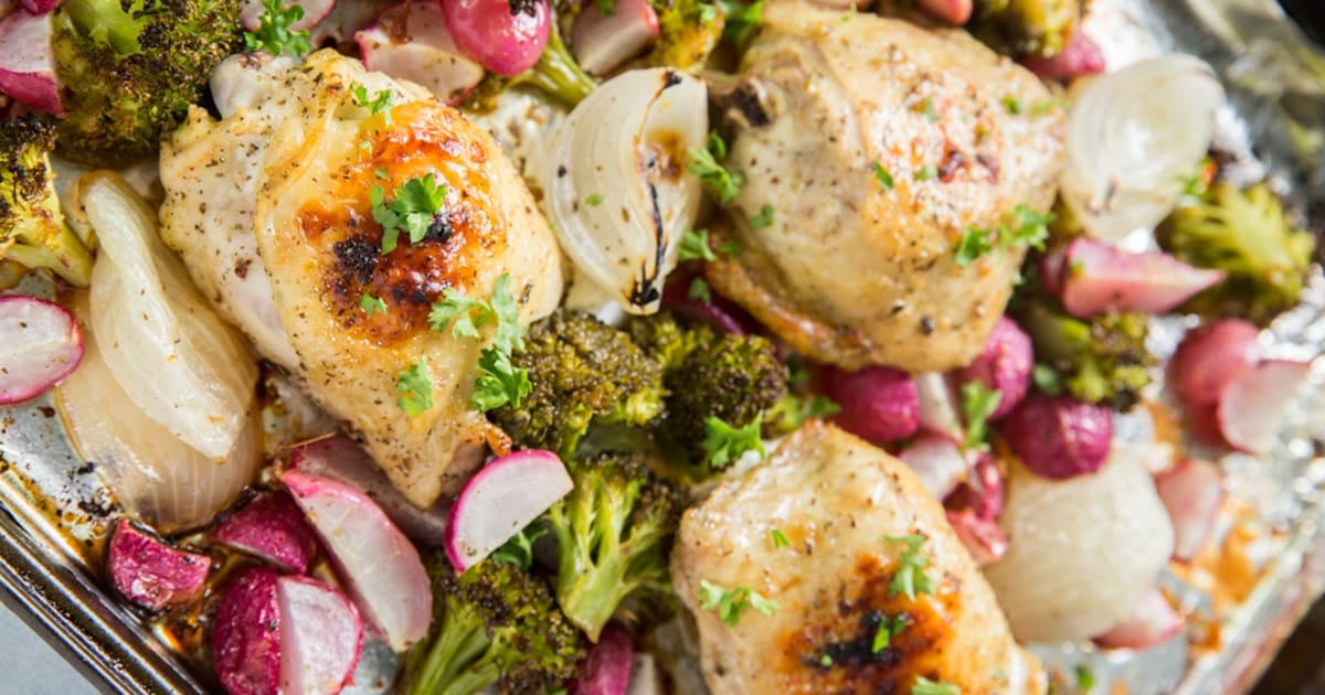 Recipes We Make Close Up of Sheet Pan Chicken and Vegetables