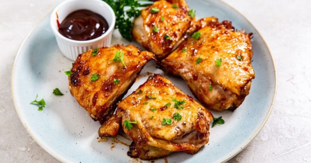 Air Fryer Chicken Recipes  Close Up of BBQ Chicken Thighs on a White Plate with a Ramekin of Sauce 