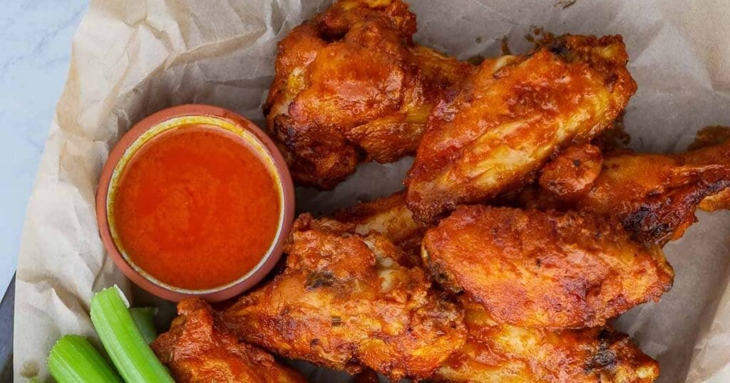 Buffalo Air Fryer Chicken Wings Close Up of a Basket of Easy Air Fryer Buffalo Wings