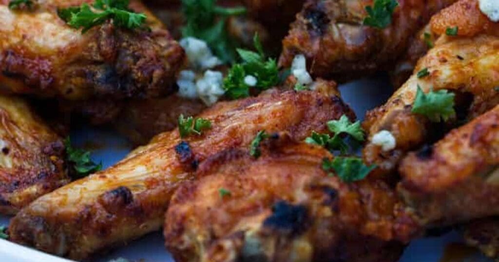 Buffalo Air Fryer Chicken Wings Close Up of Air Fryer Buffalo Chicken Wings - From Frozen