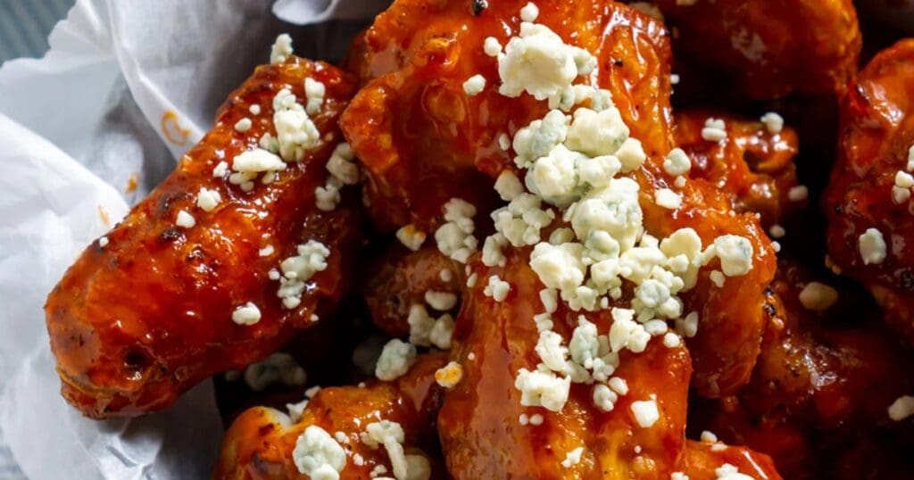 Buffalo Air Fryer Chicken Wings Close Up of Crispiest Air Fryer Buffalo Chicken Wings with Bleu Cheese