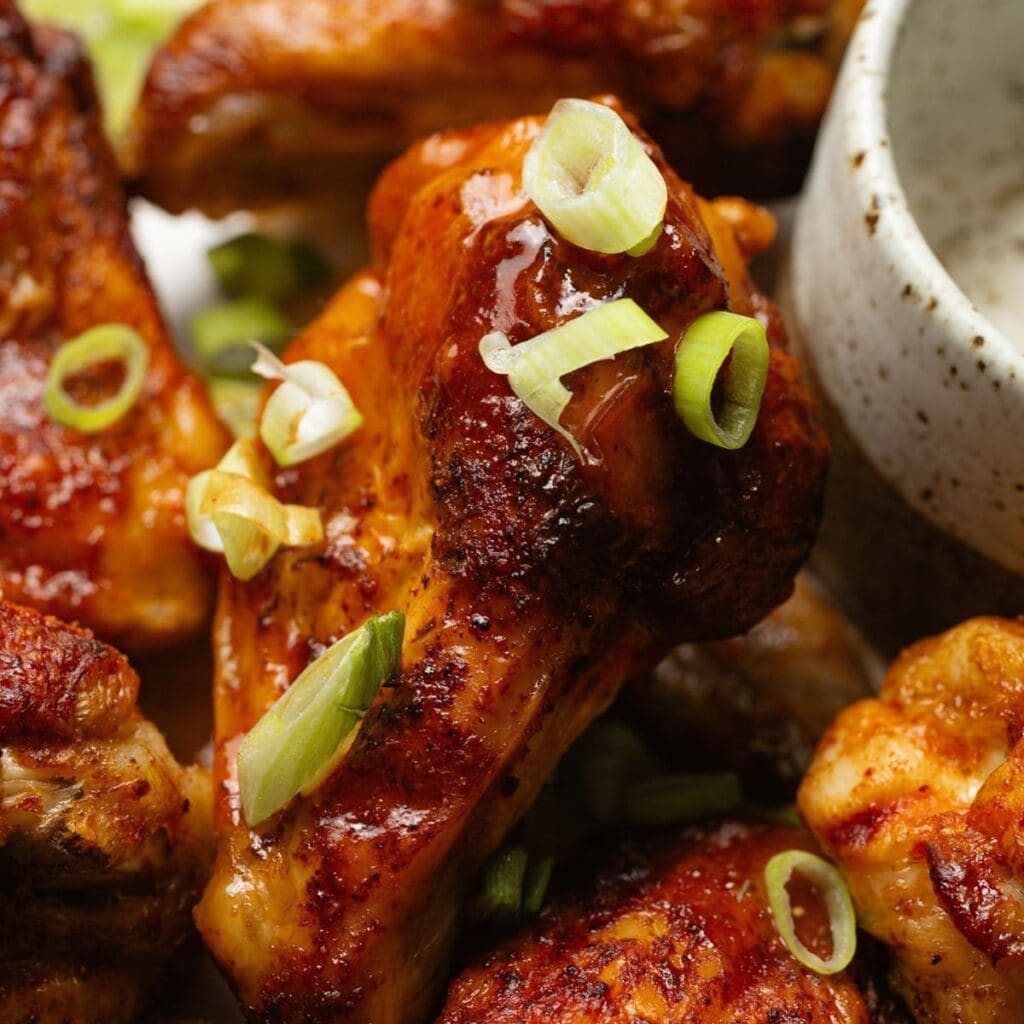 Crazy Delicious Air Fryer Buffalo Chicken Recipes Close Up of Buffalo Wings on a Plate with a Small Bowl of Dipping Sauce