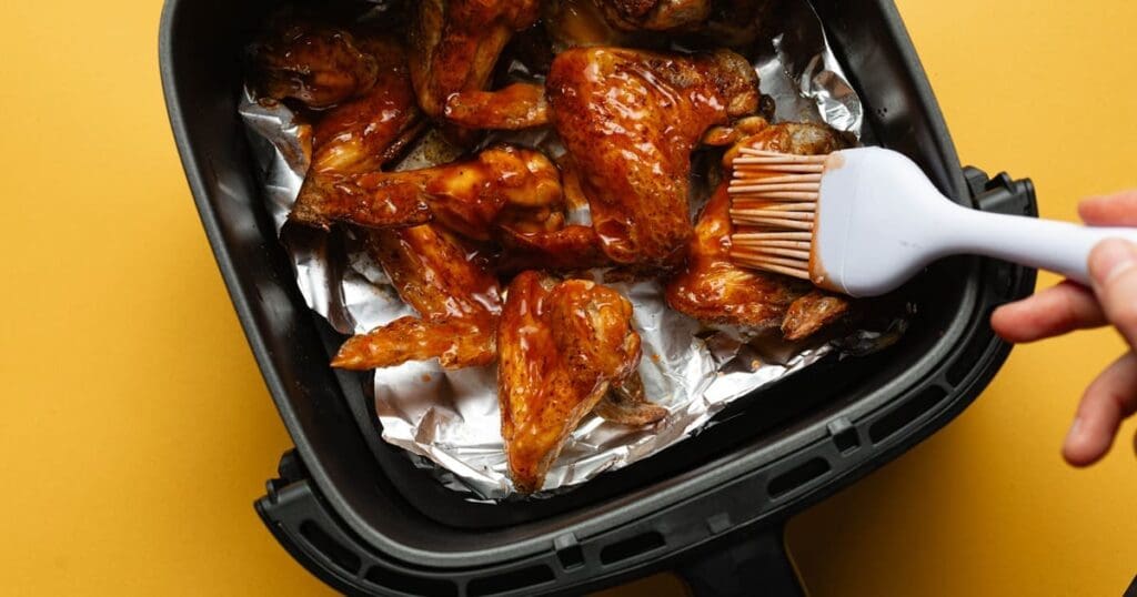 Crazy Delicious Air Fryer Buffalo Chicken Recipes Close Up of Wings in an Air Fryer Basket Being Brushed with Buffalo Sauce