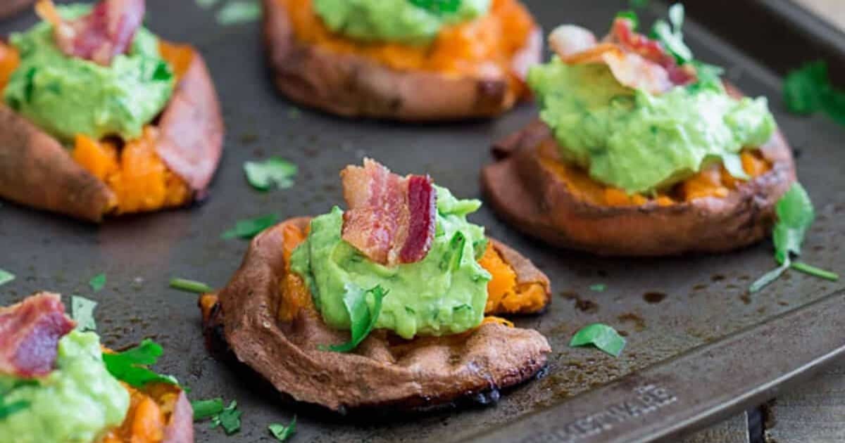 Easy Appetizers Close Up of Sweet Potato Guacamole Bacon Bites