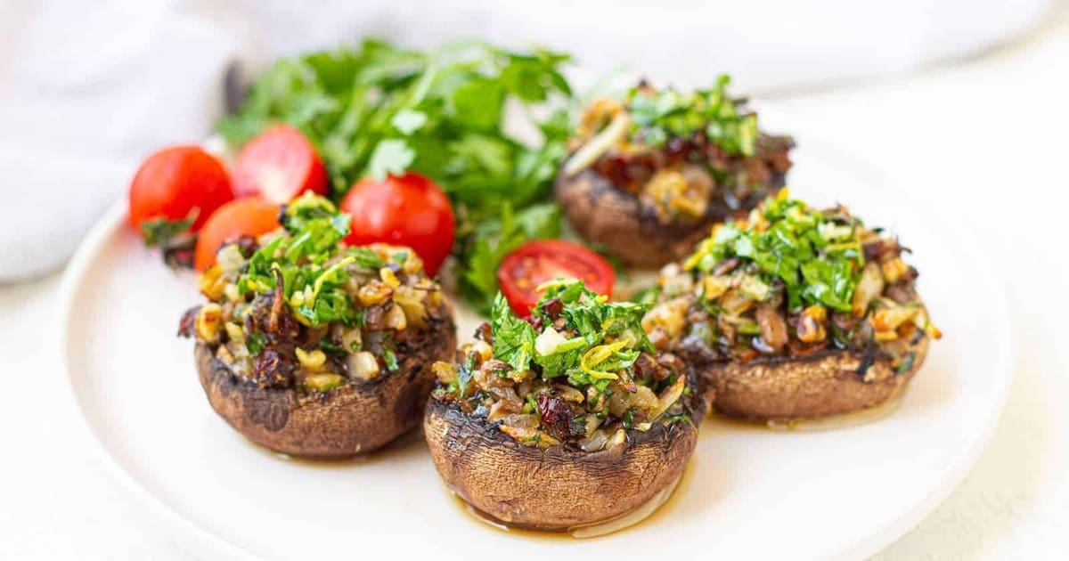 Easy Appetizers a Plate of Vegan Stuffed Portobello Mushrooms