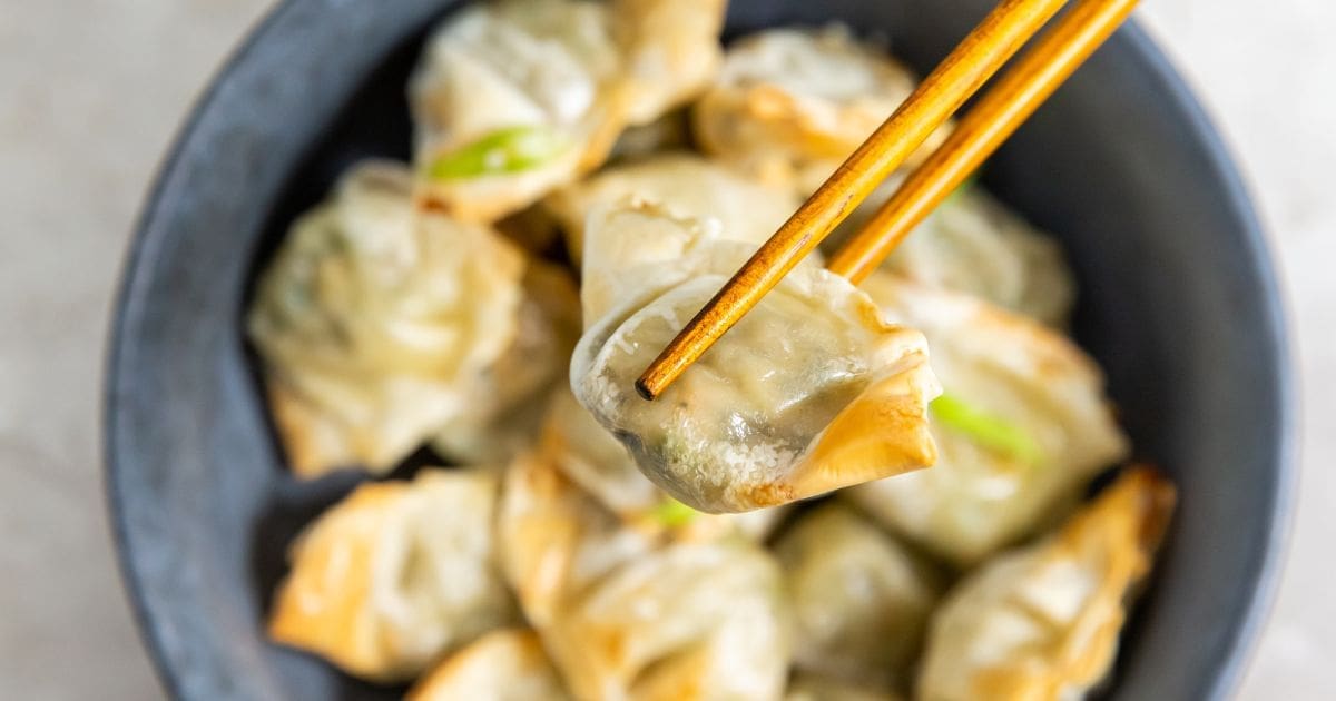 New Year's Eve Air Fryer Party Recipes Close Up of a Bowl of Trader Joe’s Air Fryer Chicken Cilantro Mini Wontons with One in Chopsticks Above the Bowl