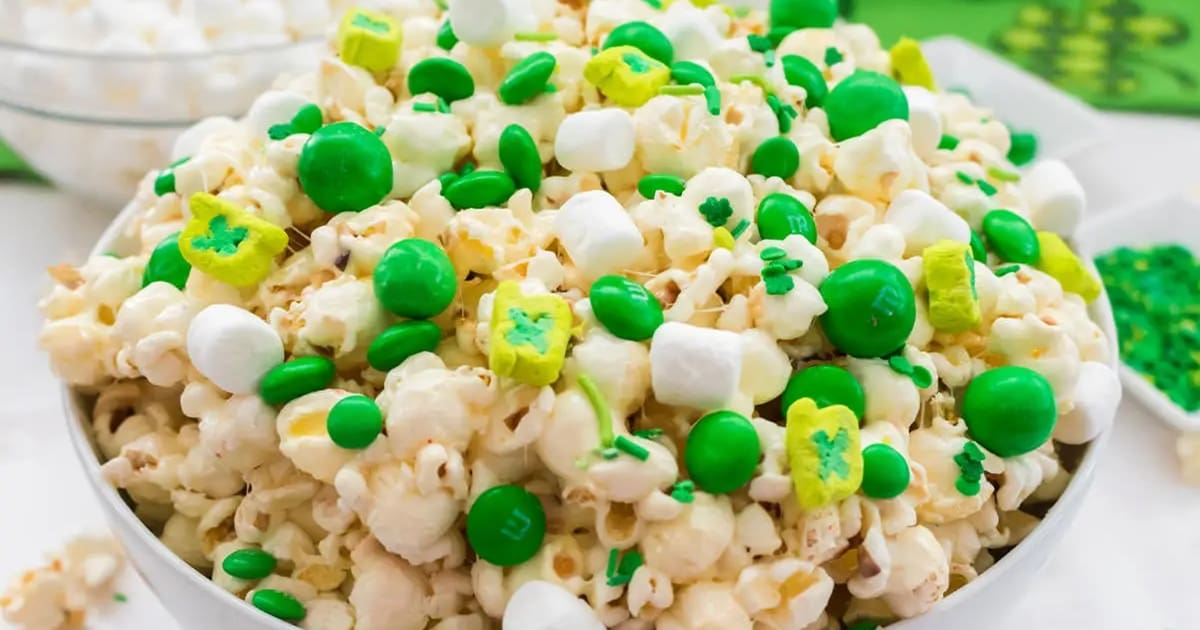 St. Patrick's Day Desserts for Kids Close Up of Popcorn Mixed with Green Candies and Lucky Charms Marshmallows