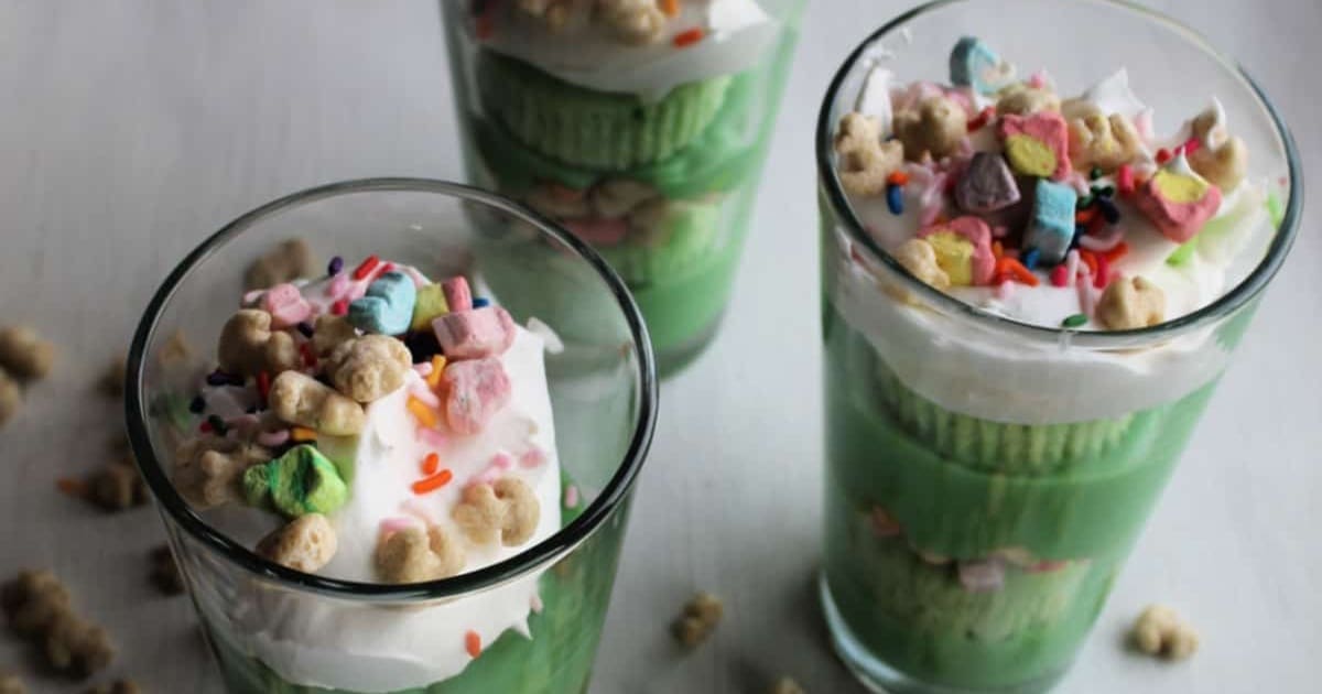 St. Patrick's Day Desserts for Kids Three Parfaits with Green Pudding and Lucky Charms Cereal